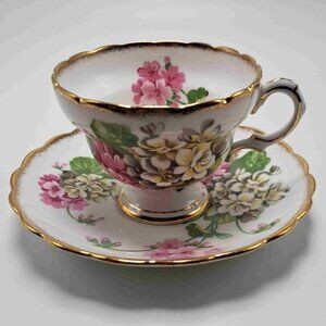 Rosina Teacup Saucer Pink White Floral Gold Trim Vintage Decor Collectible